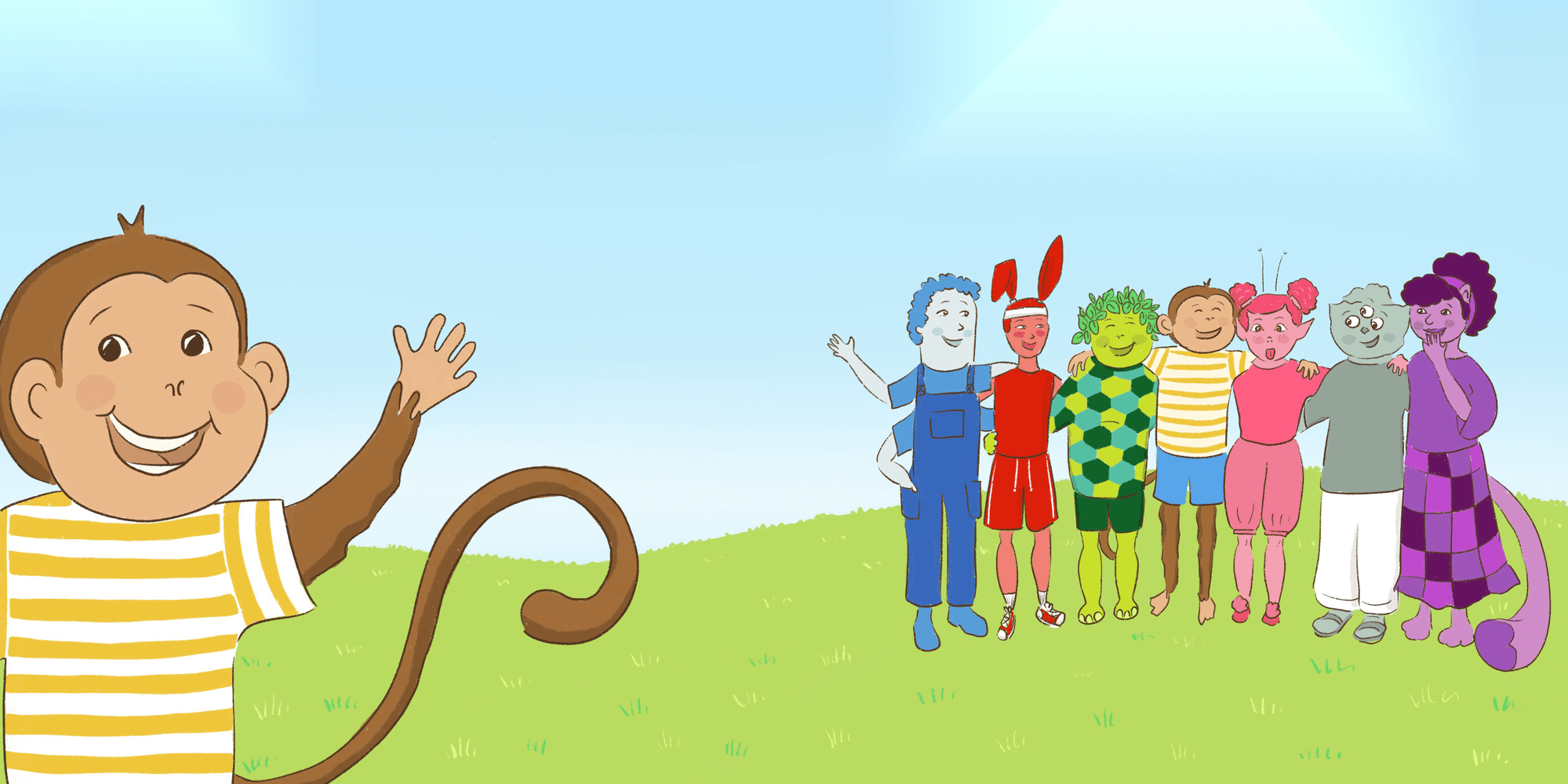 Groovy waving beside his group of friends standing together on the grass